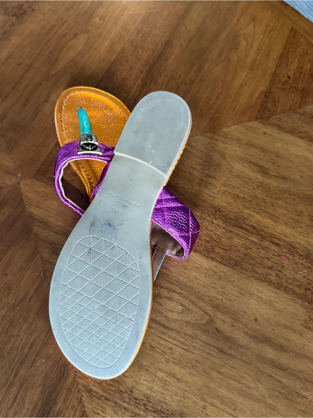 Kurt Geiger Metallic Purple and Teal Leather Thong Sandals - Picture 5 of 5
